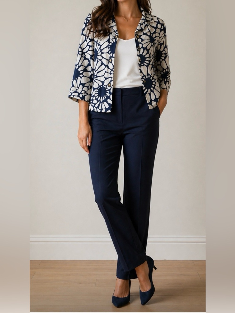 J.Crew Navy and White Floral Blazer Size 4